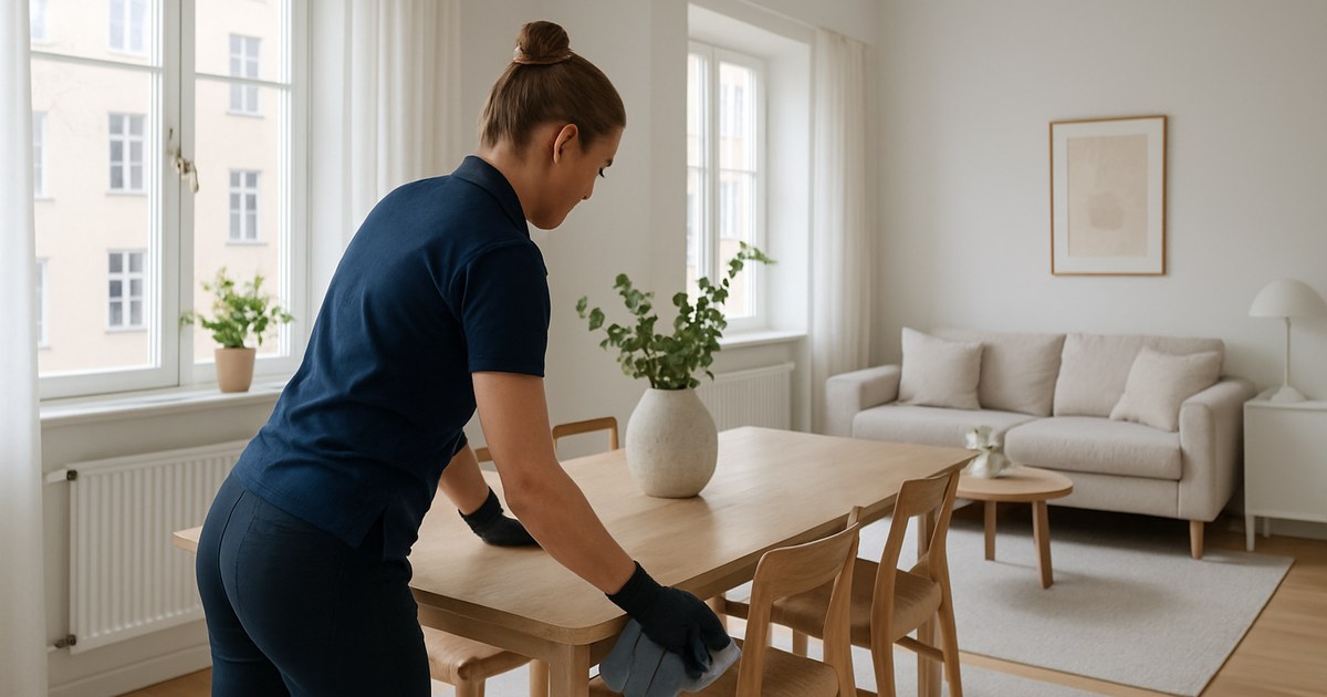 En professionell städare gör rent ett rum i en lägenhet i Stockholm.